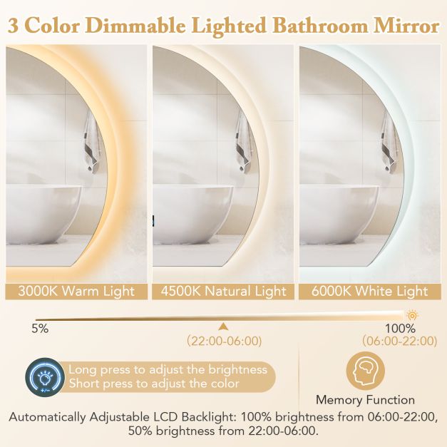 Half Circle LED Bathroom Mirror with Touch Switch and 3-Color Lights