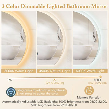 Half Circle LED Bathroom Mirror with Touch Switch and 3-Color Lights