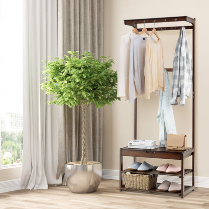 Entryway Storage Organizer with 10 Hanging Hooks and 2-Tier Shoe Shelves-Coffee