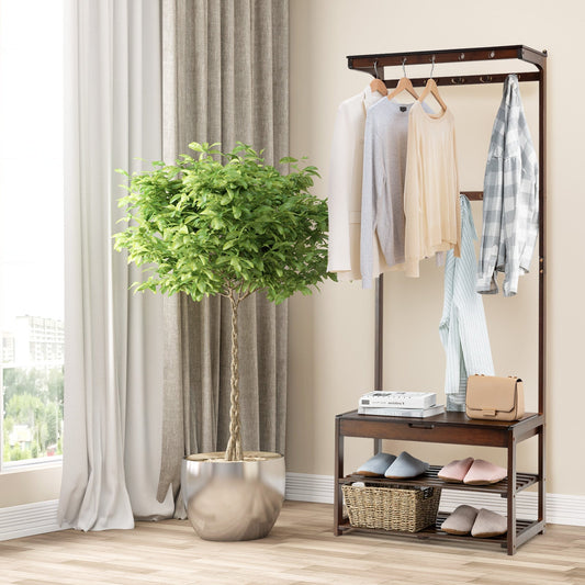 Entryway Storage Organizer with 10 Hanging Hooks and 2-Tier Shoe Shelves-Coffee