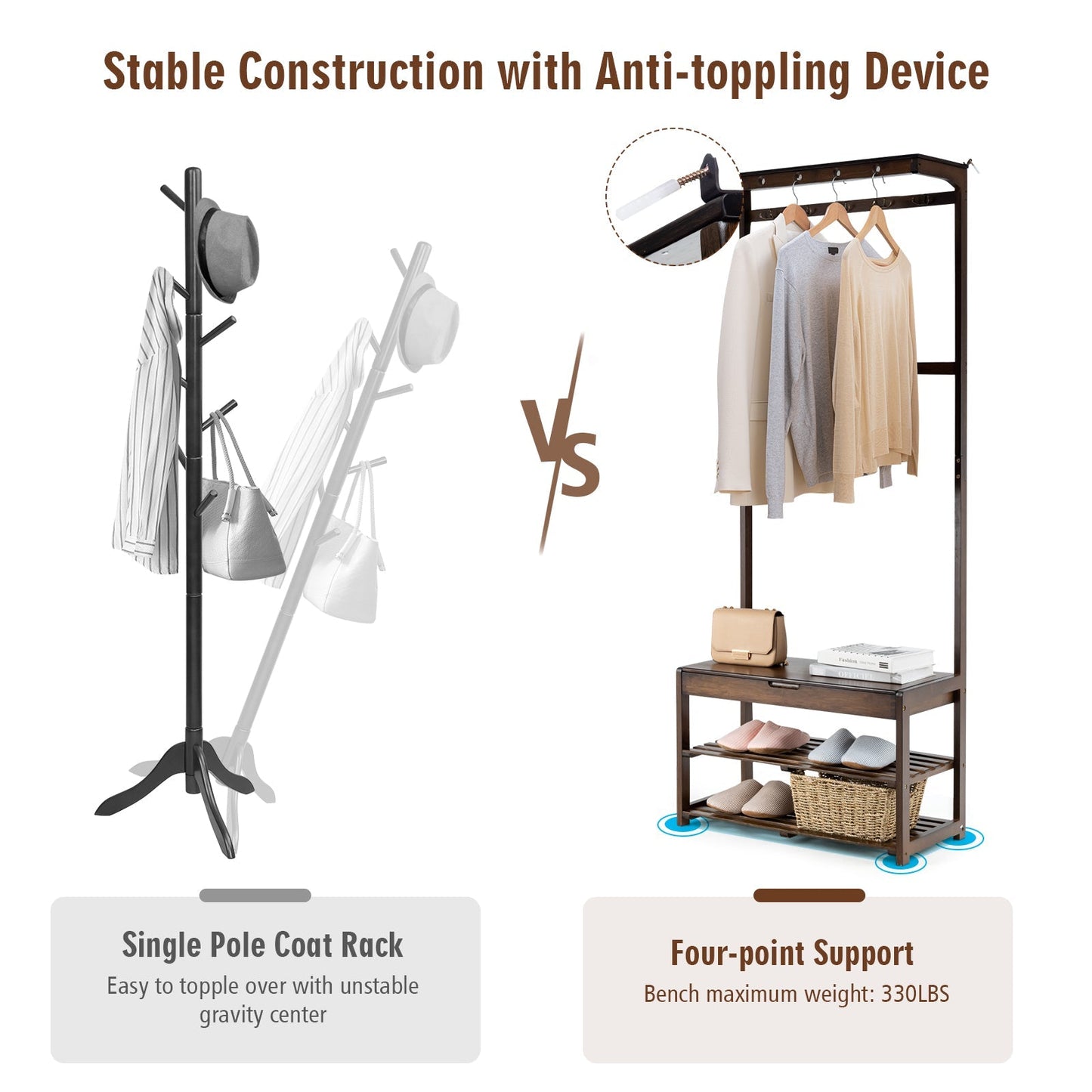 Entryway Storage Organizer with 10 Hanging Hooks and 2-Tier Shoe Shelves-Coffee