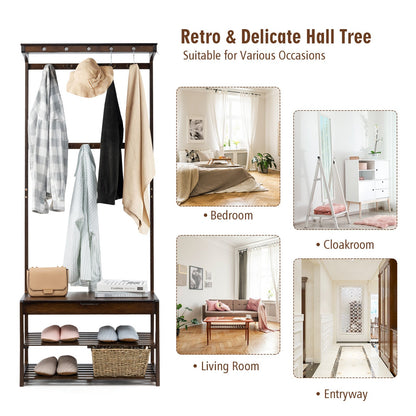 Entryway Storage Organizer with 10 Hanging Hooks and 2-Tier Shoe Shelves-Coffee