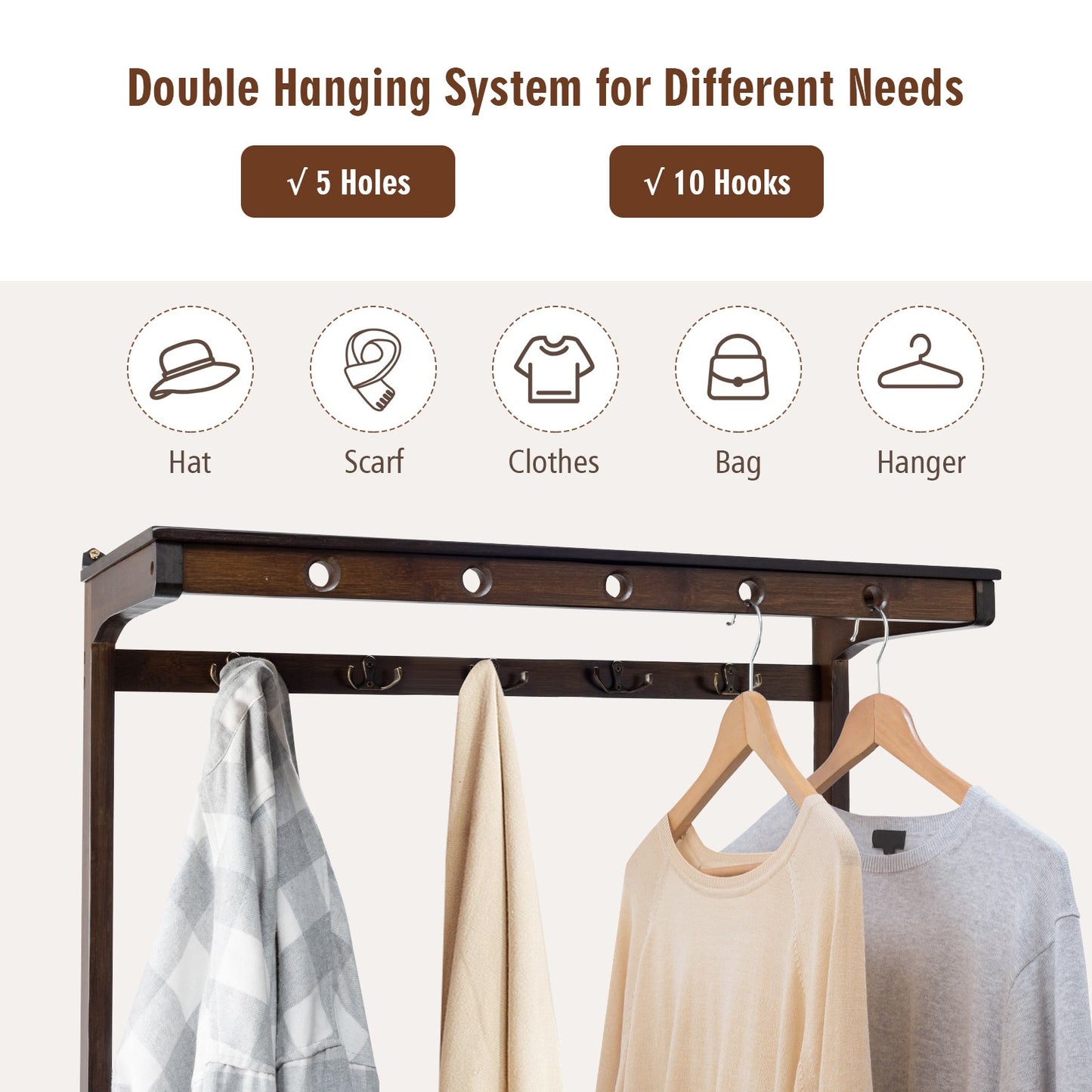 Entryway Storage Organizer with 10 Hanging Hooks and 2-Tier Shoe Shelves-Coffee