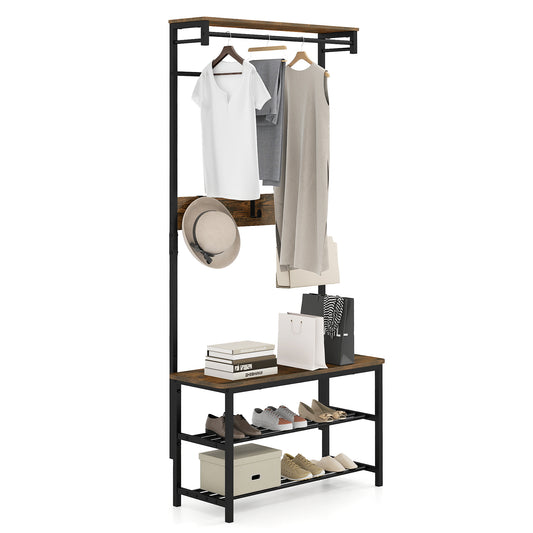 Hall Tree with Bench and Shoe Storage with Hanging Bars-Rustic Brown