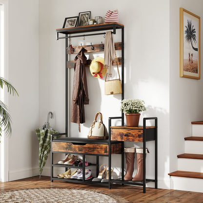 178 cm Freestanding Hall Tree with Shoe Storage Bench-Brown