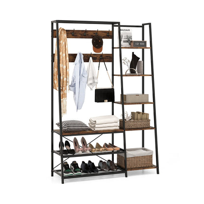 Hall Tree with Storage Bench 5-in-1 Entryway Bench with 9 Hooks-Rustic Brown