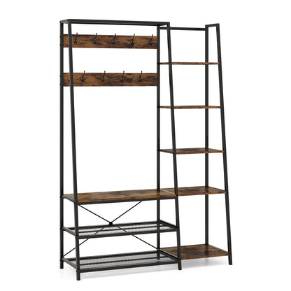 Hall Tree with Storage Bench 5-in-1 Entryway Bench with 9 Hooks-Rustic Brown