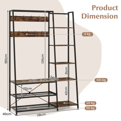 Hall Tree with Storage Bench 5-in-1 Entryway Bench with 9 Hooks-Rustic Brown