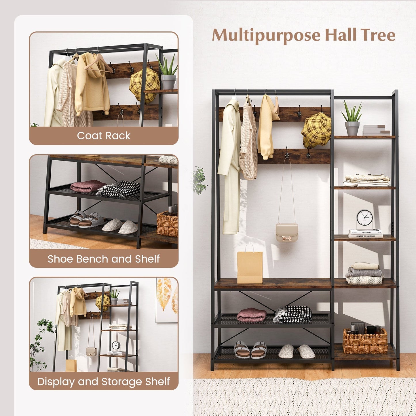 Hall Tree with Storage Bench 5-in-1 Entryway Bench with 9 Hooks-Rustic Brown
