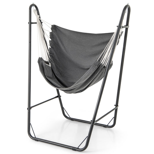 Hammock Chair with Stand and Side Pocket for Living Room Patio and Yard-Dark Grey