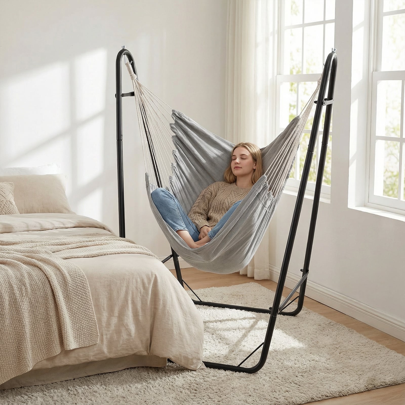 Hammock Chair with Stand and Side Pocket for Living Room Patio and Yard-Grey