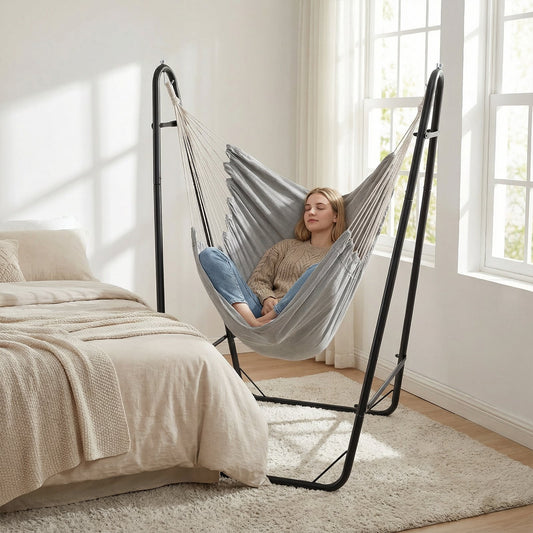 Hammock Chair with Stand and Side Pocket for Living Room Patio and Yard-Grey