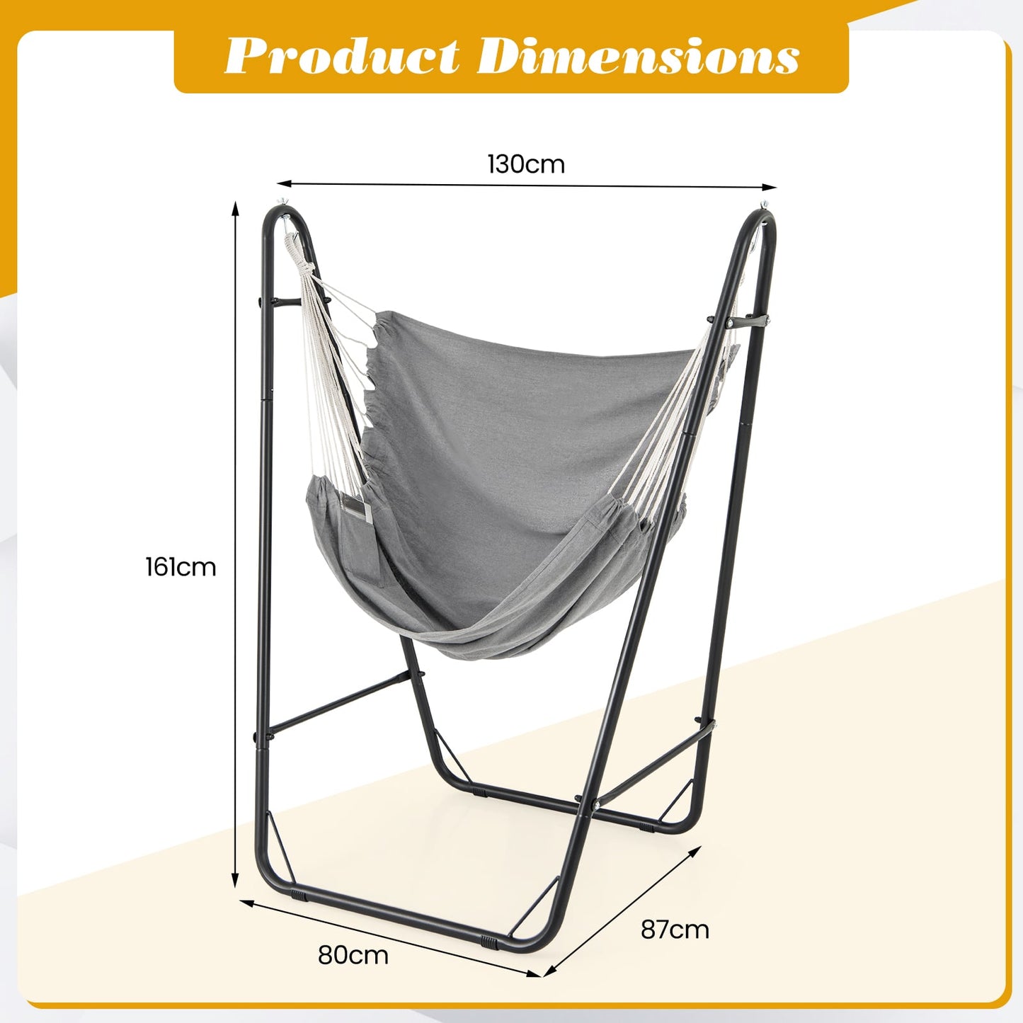 Hammock Chair with Stand and Side Pocket for Living Room Patio and Yard-Grey