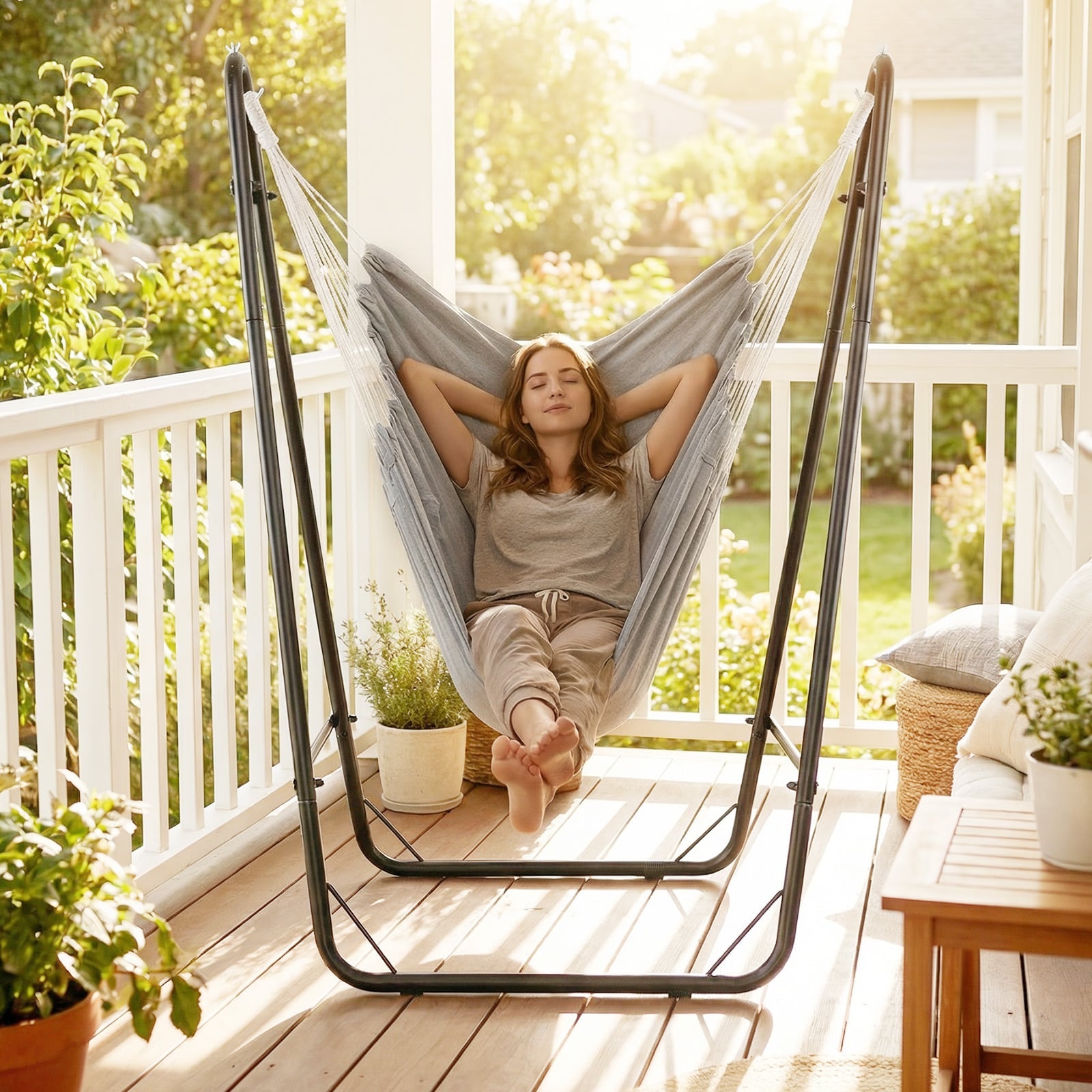 Hammock Chair with Stand and Side Pocket for Living Room Patio and Yard-Grey