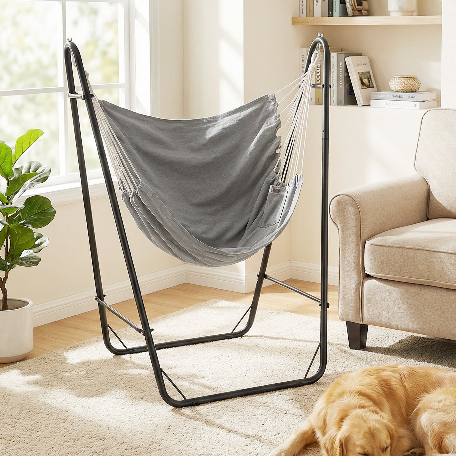 Hammock Chair with Stand and Side Pocket for Living Room Patio and Yard-Grey