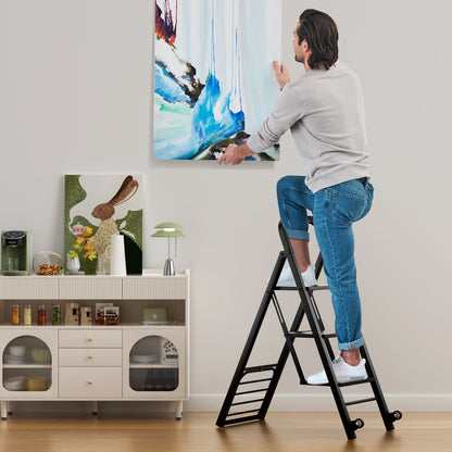 2-In-1 Hand Truck and Ladder Foldable 3-Step Ladder with Non-slip Wide Pedals-Black