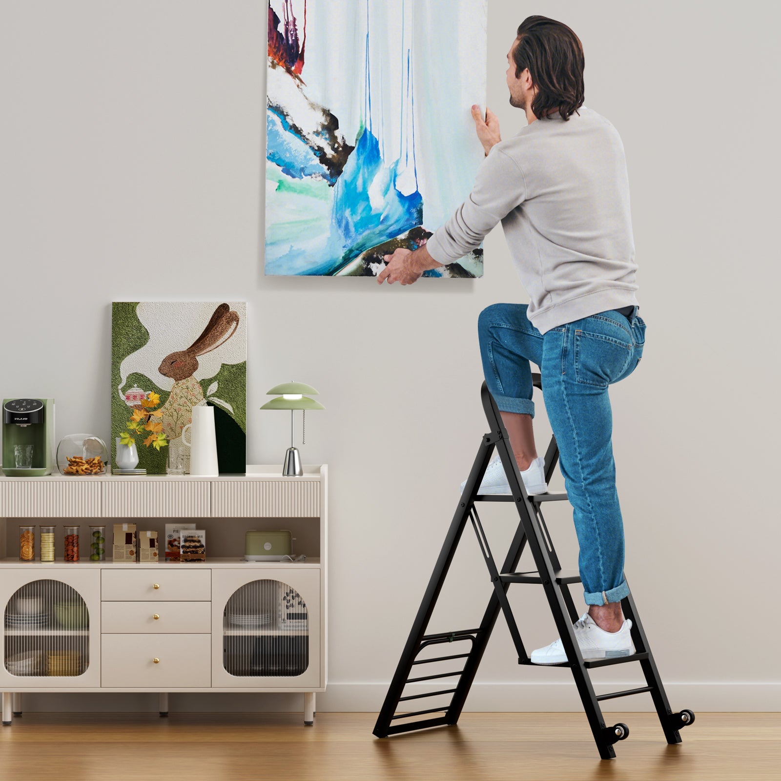 2-In-1 Hand Truck and Ladder Foldable 3-Step Ladder with Non-slip Wide Pedals-Black