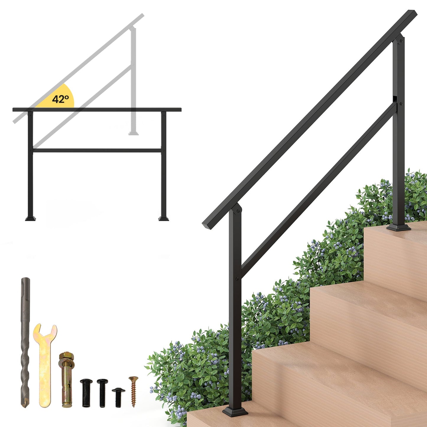 Handrail for Outdoor Steps Fits 0-2/3/4/5/6 Steps with Flexible Angle Adjustment-4 step