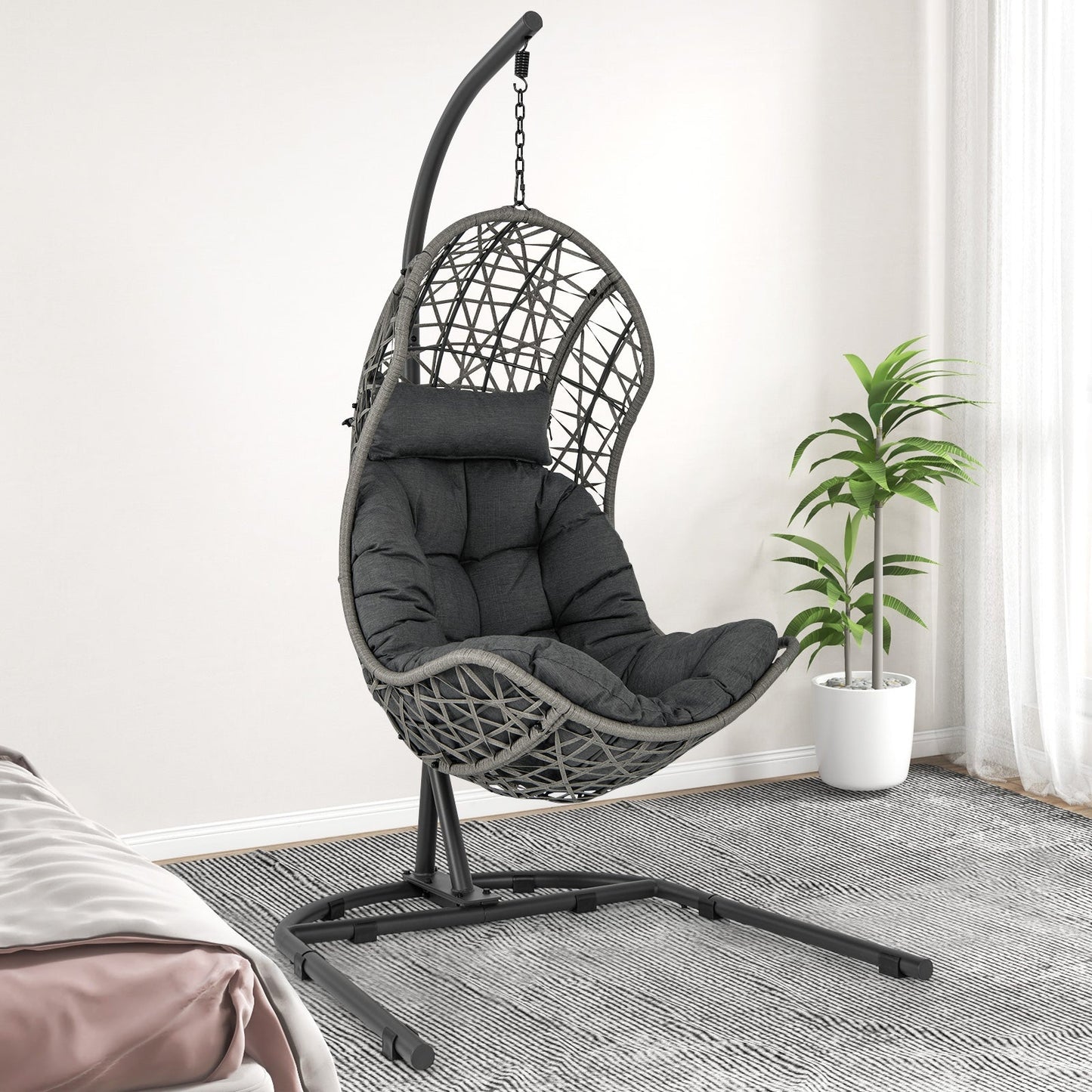 Hanging Egg Patio Wicker Chair with Stand and Cushion-Grey