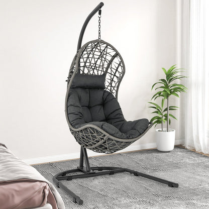 Hanging Egg Patio Wicker Chair with Stand and Cushion-Grey