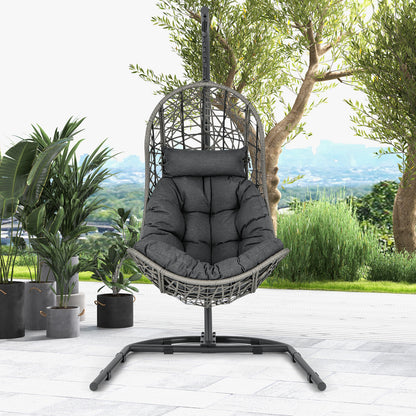 Hanging Egg Patio Wicker Chair with Stand and Cushion-Grey