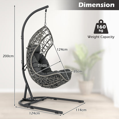 Hanging Egg Patio Wicker Chair with Stand and Cushion-Grey