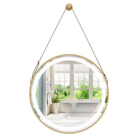 Hanging Wall Bathroom Mirror with Hanging Strap and 3 Colors LED Light-Silver