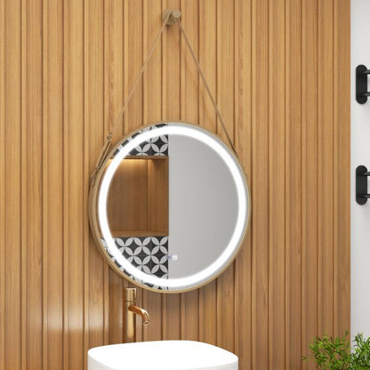 Hanging Wall Bathroom Mirror with Hanging Strap and 3 Colors LED Light-Silver
