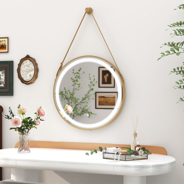Hanging Wall Bathroom Mirror with Hanging Strap and 3 Colors LED Light-Silver