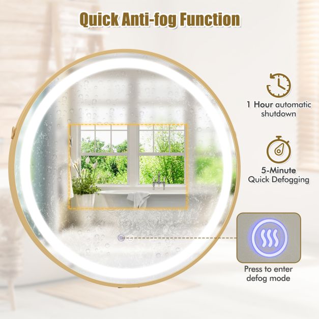 Hanging Wall Bathroom Mirror with Hanging Strap and 3 Colors LED Light-Silver