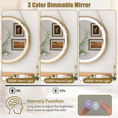 Hanging Wall Bathroom Mirror with Hanging Strap and 3 Colors LED Light-Silver