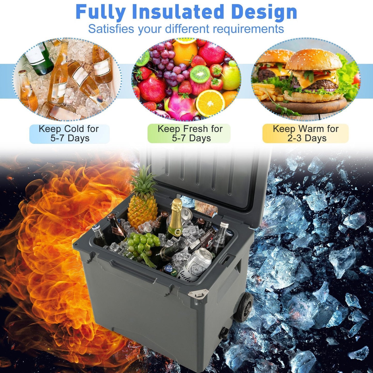 40 L Ice Chest Hard Cooler with Wheels and Handle-Grey