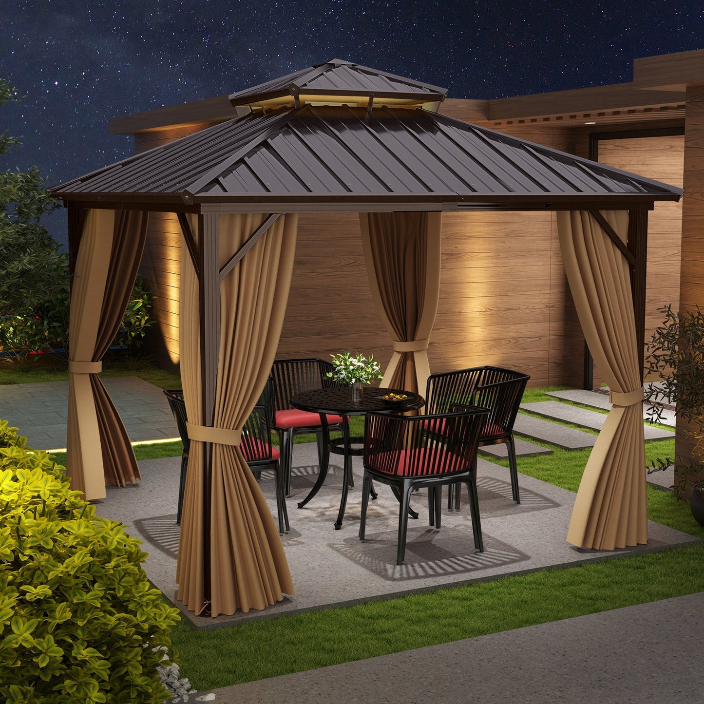 290 x 290 cm Hardtop Gazebo with Netting and Curtain and Double-Roof Metal Top-Coffee
