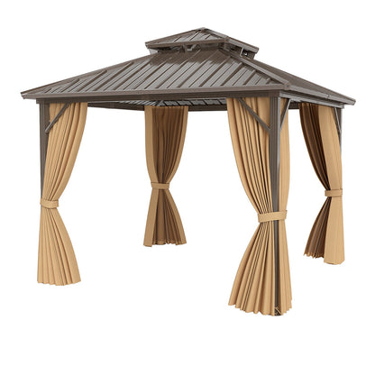 290 x 290 cm Hardtop Gazebo with Netting and Curtain and Double-Roof Metal Top-Coffee