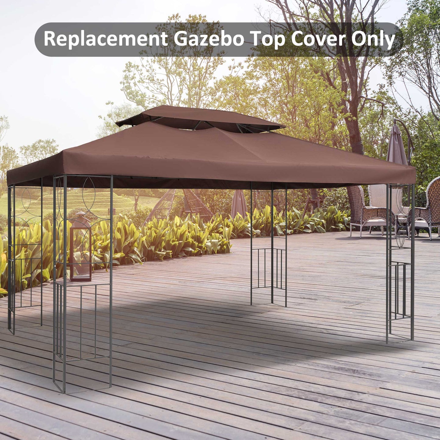 Outsunny 3x4m Gazebo Replacement Roof Canopy 2 Tier Top UV Cover Garden Patio Outdoor Sun Awning Shelters Brown (TOP ONLY)