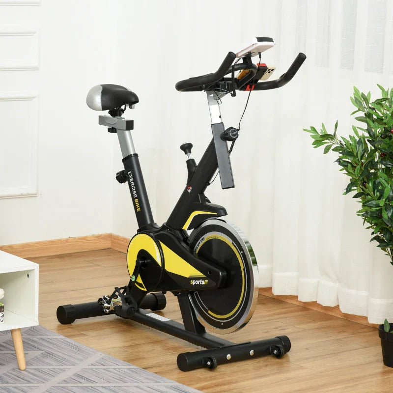 Indoor Bike Trainer Upright Exercise Bike With Adjustable Resistance Seat Handlebar LCD Display Black and Yellow