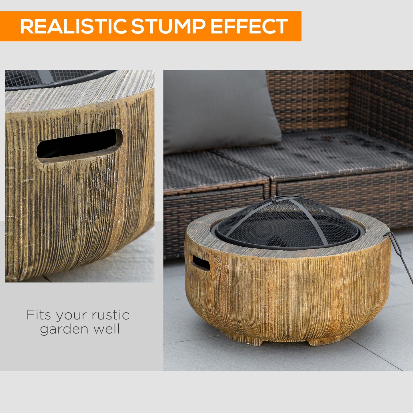 Outsunny Outdoor Fire Pit, 61.5 cm Metal Wood Burning Fireplace with Spark Cover, Poker, Woodgrain Design