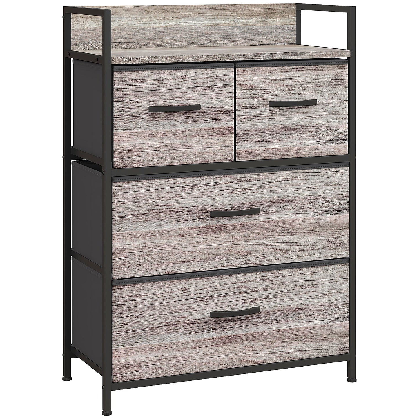 HOMCOM Rustic Chest of Four Fabric Drawers - Grey Wood Effect
