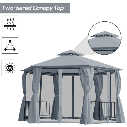 Outsunny 3 x 3(m) Hexagon Gazebo Patio Canopy Party Tent Outdoor Garden Shelter z 2-poziomowym dachem i panelem bocznym - szary