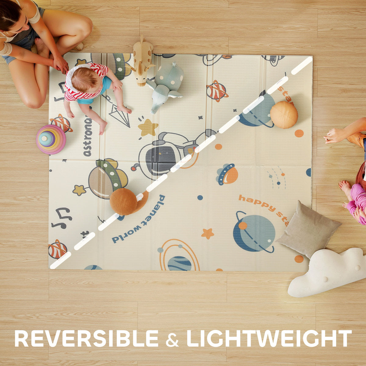 AIYAPLAY Space-Themed Baby Plat Mat Double Sided, Foldable, Water-Resistant for Outdoor/Indoor, 177 x 146 x 1.5cm