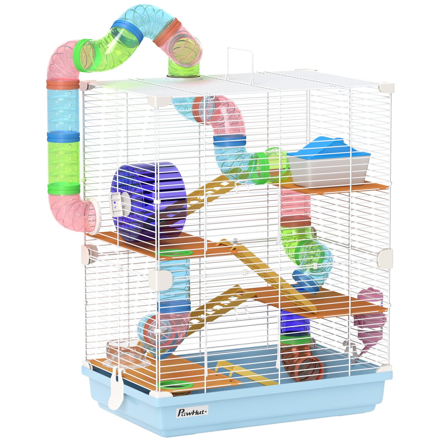 PawHut 5 Tier Hamster Cage Carrier Habitat w/ Exercise Wheels, Tunnel, Light Blue