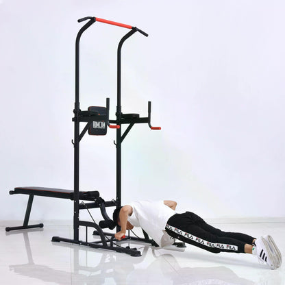 HOMCOM Multifunction Power Tower Home Workout Dip Station w/ Sit-up Bench Push-up Bars and Tension Ropes Fitness Equipment Office Gym Training