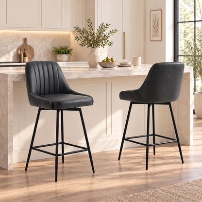 HOMCOM Bar Stools Set of 2, Swivel Counter Height Barstools with PU Leather, for Kitchen Island, Dining Room, Dark Grey