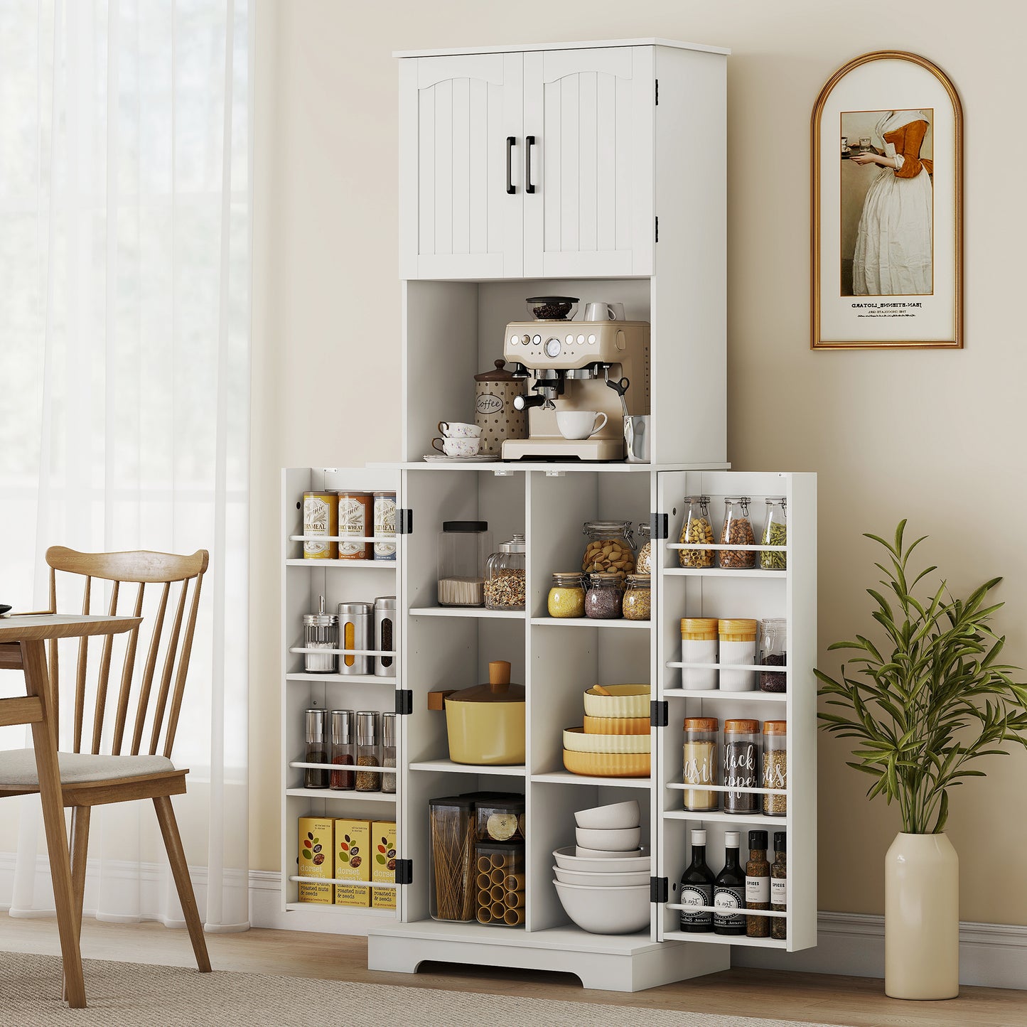 HOMCOM Tall kitchen buffet kitchen cabinet, 4 doors countertop 8 spice racks adjustable shelves 60x40x181.5cm white