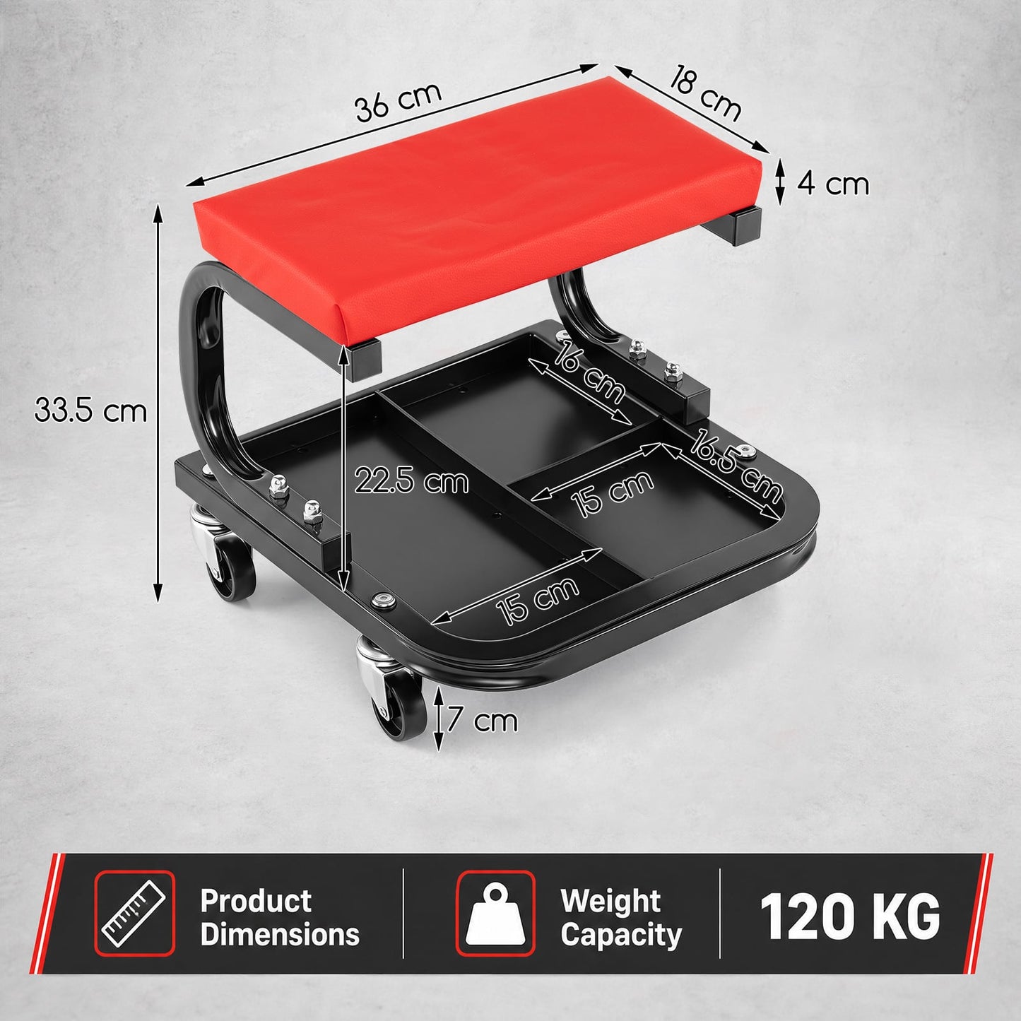 Heavy Duty Mechanic Rolling Stool with Tool Tray and Padded 360° Swivel for Garage-Red