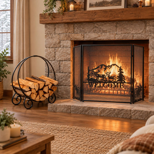 Heavy Duty Metal Firewood Holder and Spark Guard for Indoor Outdoor Fireplace