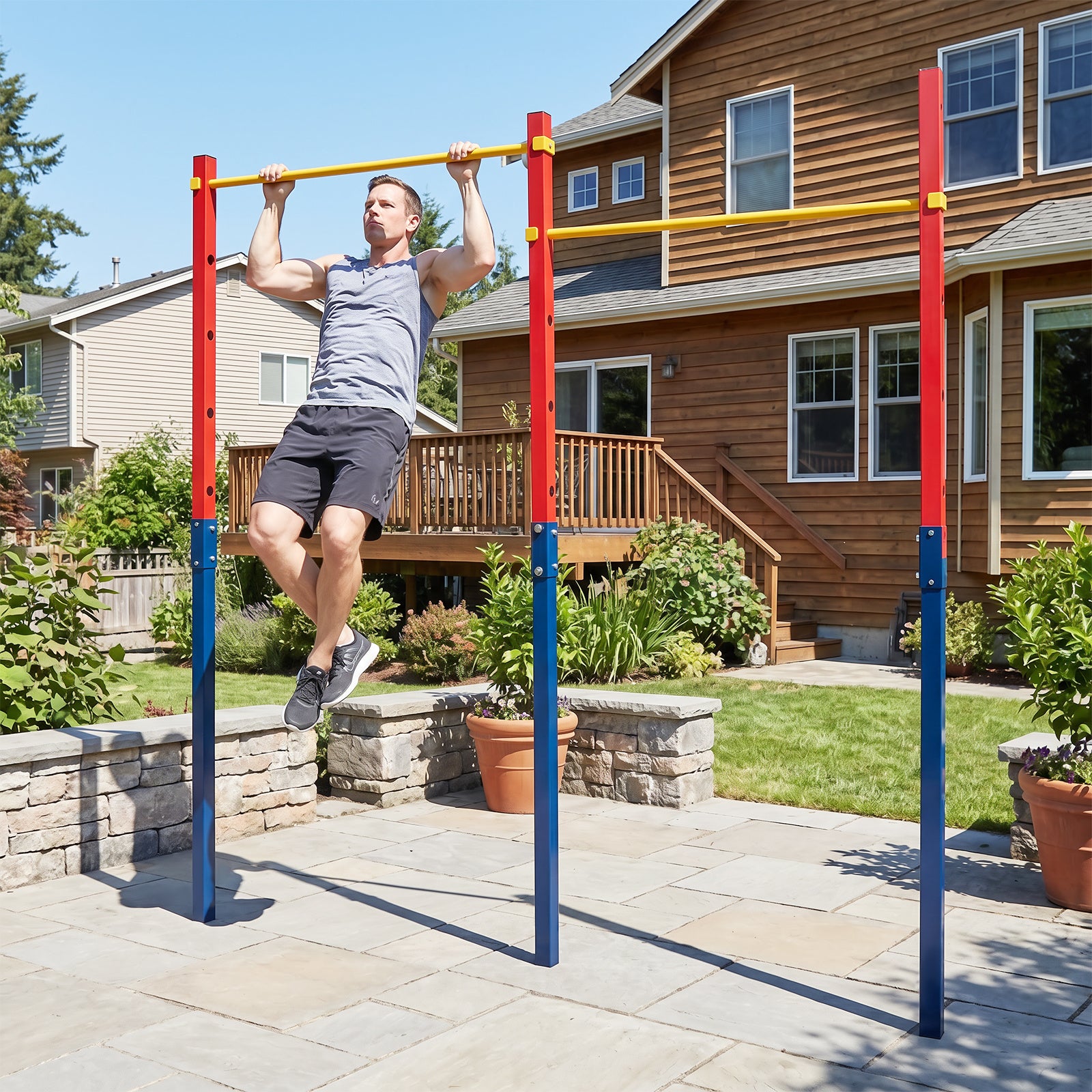 Heavy Duty Metal Pull Up Bar Station with 5 Adjustable Heights-Red
