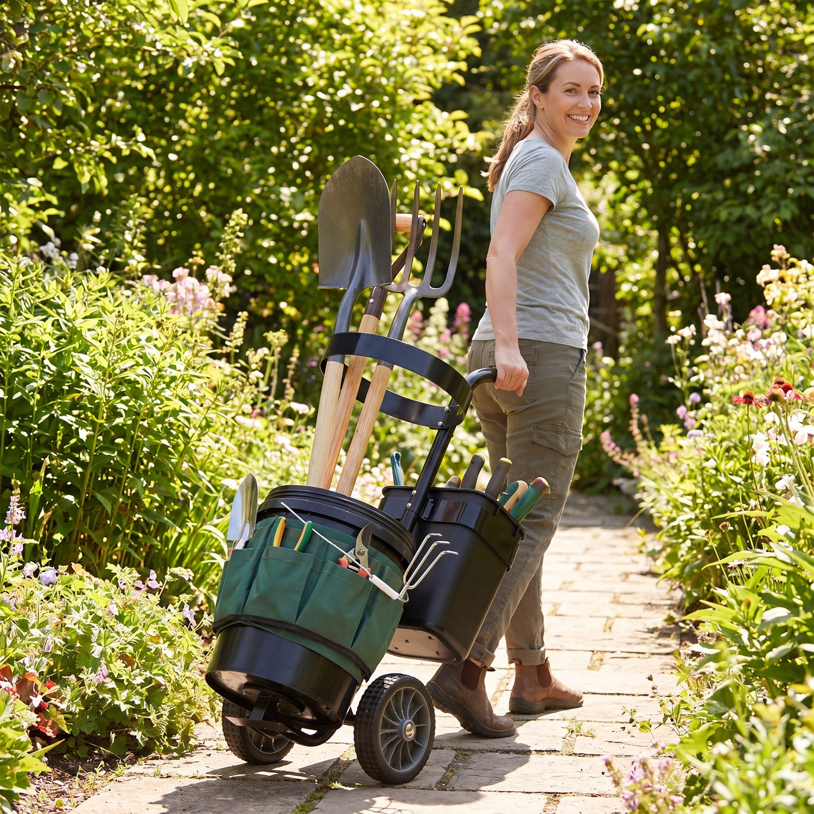 Heavy Duty Rolling Garden Cart with Wheels and Round Bucket-Green