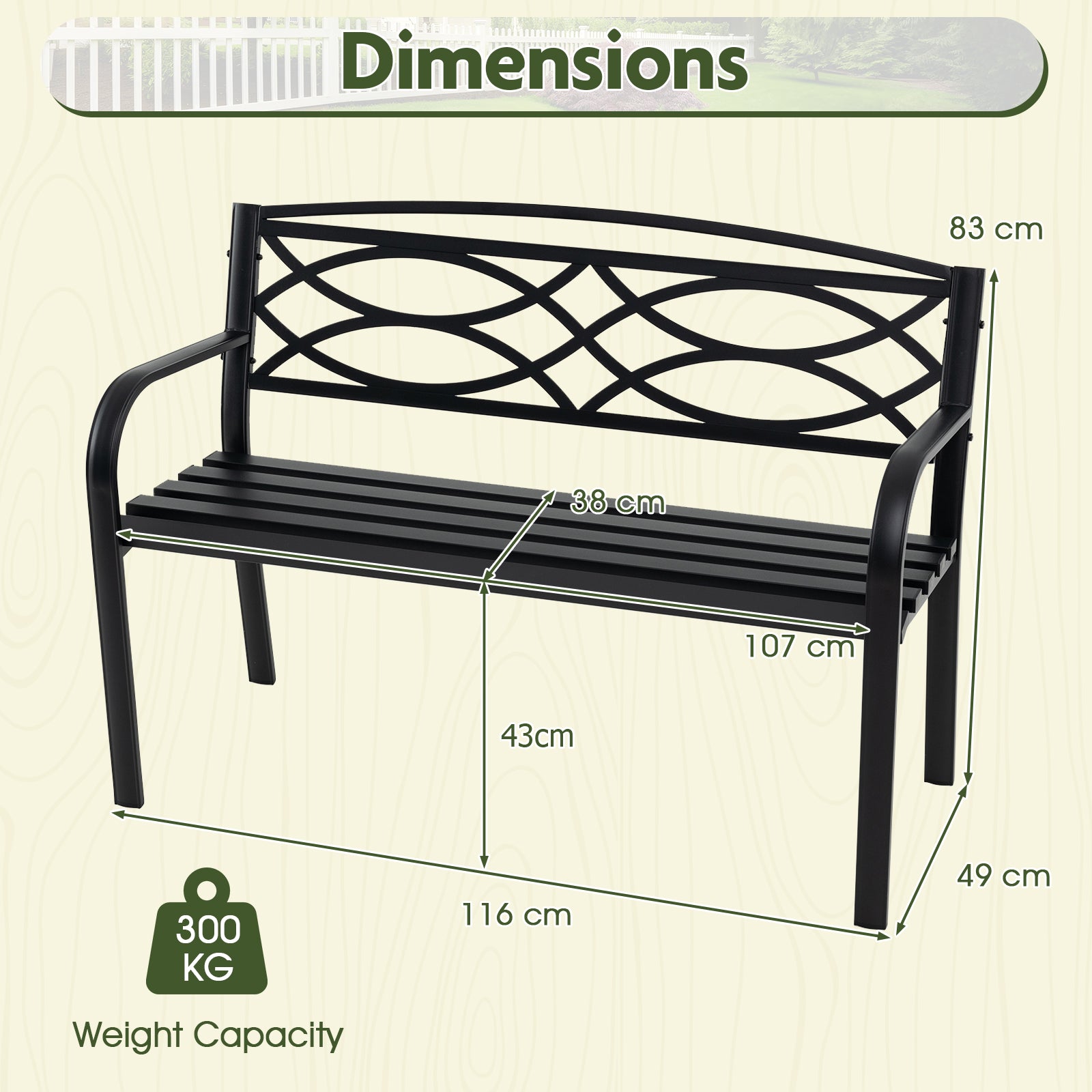 Garden Bench Heavy-Duty Metal Slatted Loveseat for 2 People-Black