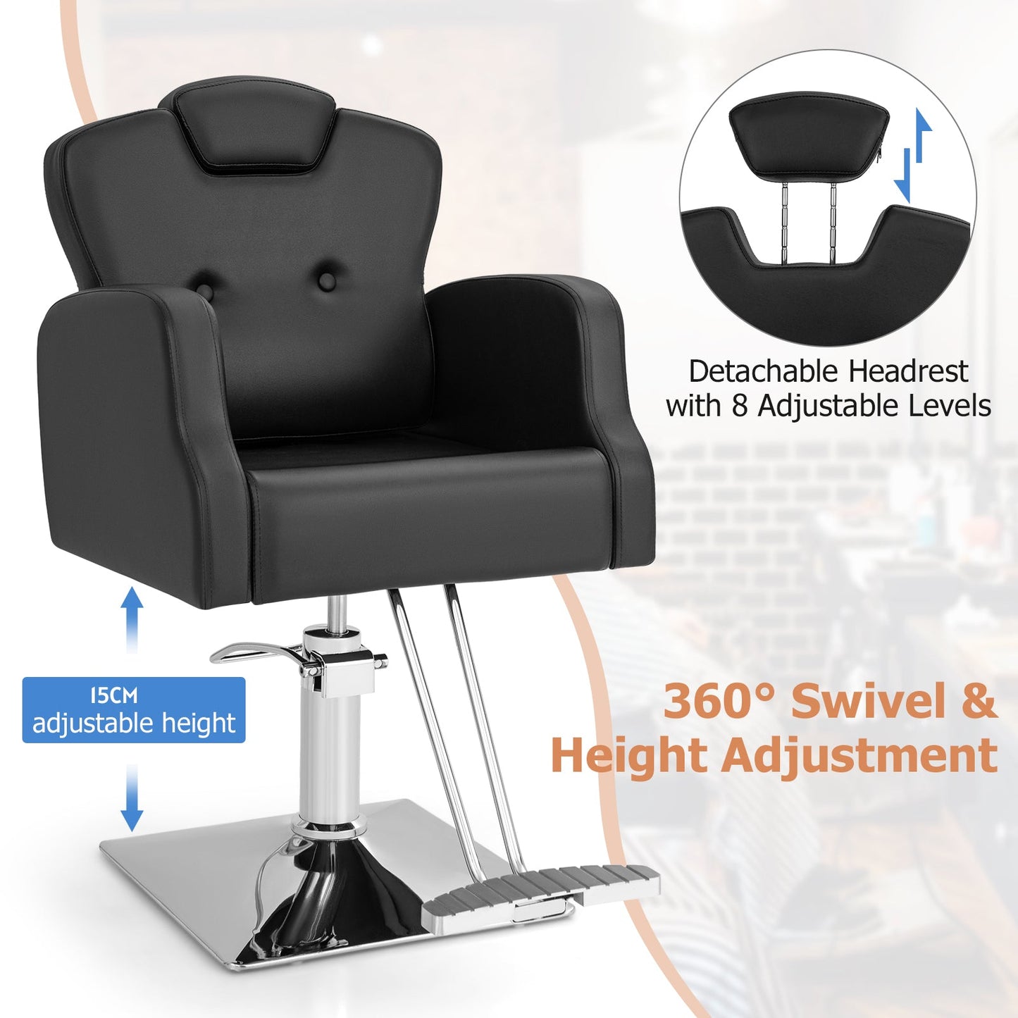 Heavy Duty Hydraulic Barber Chair Salon Chair with 360 Degrees Swivel-Black